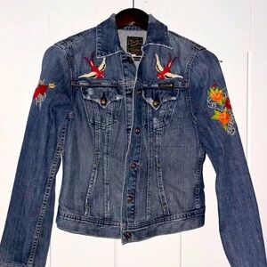 RARE LUCKY BRAND True Love is Forever Denim Jacket. Sz Small & new condition.